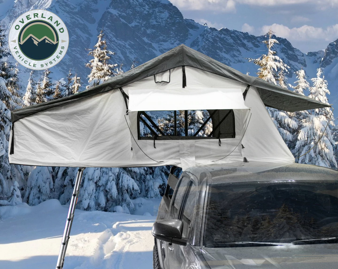 OVS Nomadic 3 Arctic Extended Roof Top Tent - White Base With Dark Gray Rain Fly & Black Cover Universal
